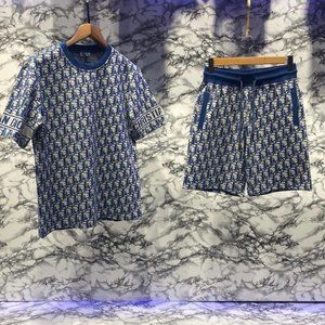 Blue-White Color Men's T-shirt and Short Set Dior
